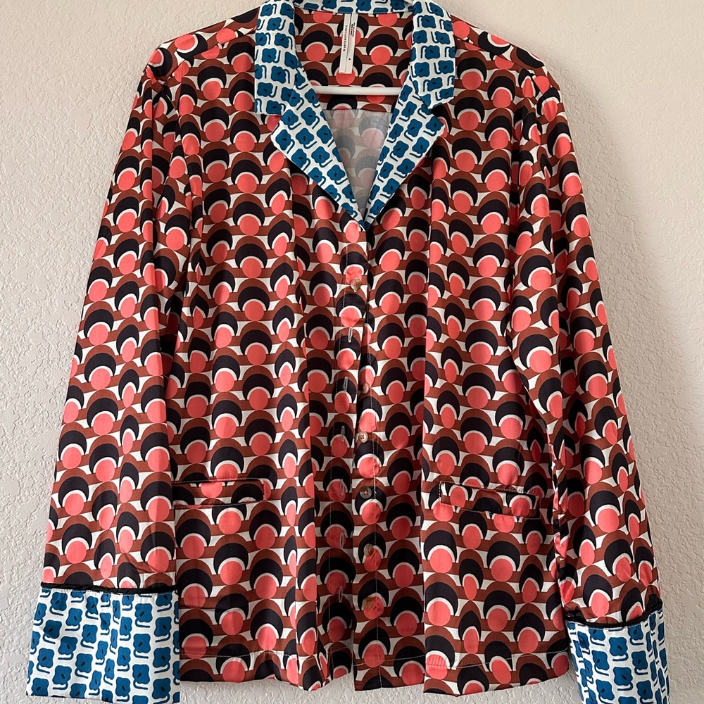 Anthropologie Coral, Brown & Blue Geometric-Print Shirt